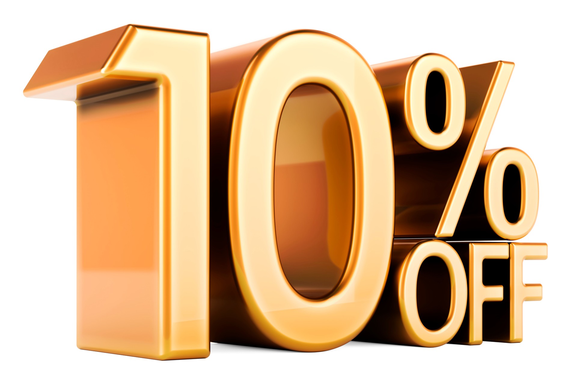 10 percent discount. Golden 10 percent off, text. Discount and sale, concept. 3D rendering